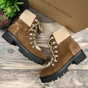 NIB Steve Madden Aniko Faux Fur Lace Up Winter Combat Boots Chestnut Suede